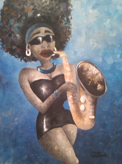 mulata con saxo Óleo Lienzo Figura