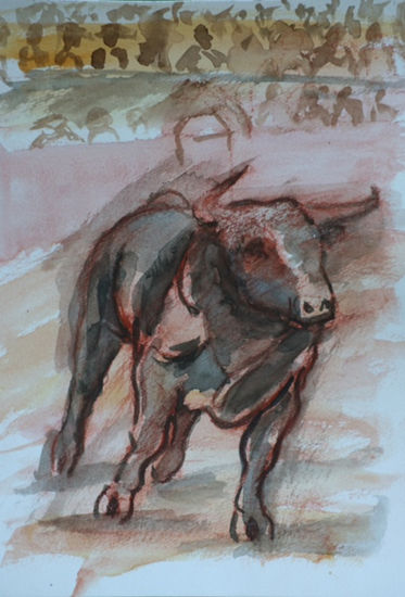 de toros y toreros, toro saliendo del chiquero Watercolour Paper Animals