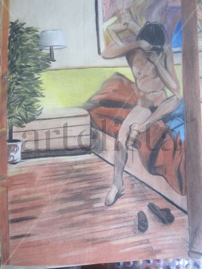 mujer peinándose desnuda Mixed Media