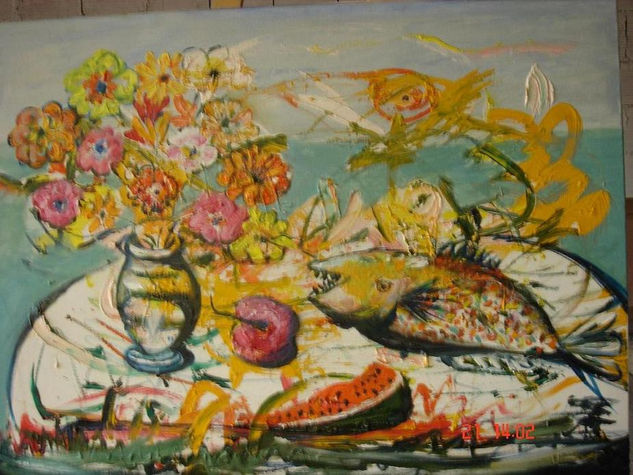 Florero y Pescado Oil Canvas Figure Painting