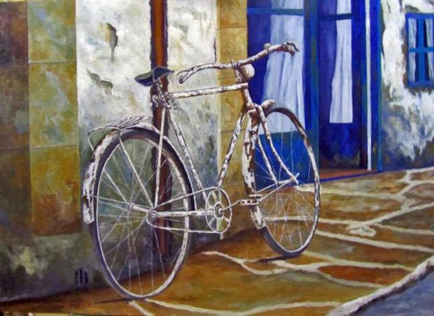 BICICLETA BLANCA Oil Panel Figure Painting