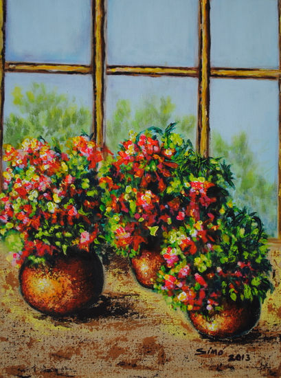 "Tres tarritos con florecitas" Acrylic Textile Still Life Paintings