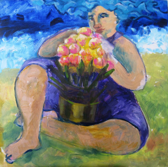 Na praia, com flores ! Oil Textile Figure Painting