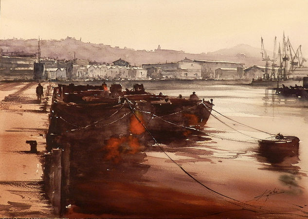 GABARRAS EN LA RIA Watercolour Paper Marine Painting