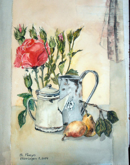 Bodegón con rosa Watercolour Paper Still Life Paintings