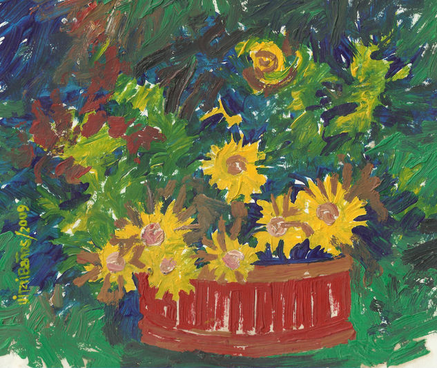 CANASTO CON FLORES Oil Paper Floral Painting