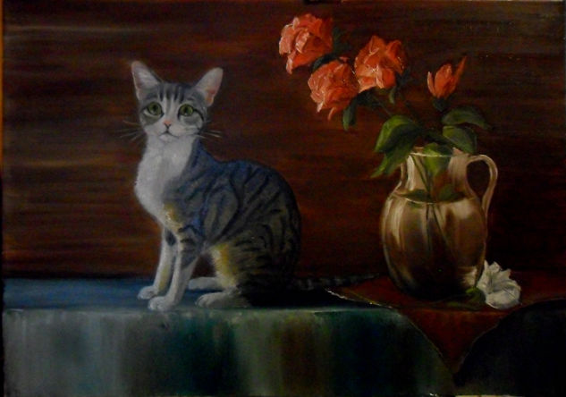 Gatito y rosas Oil Canvas Still Life Paintings