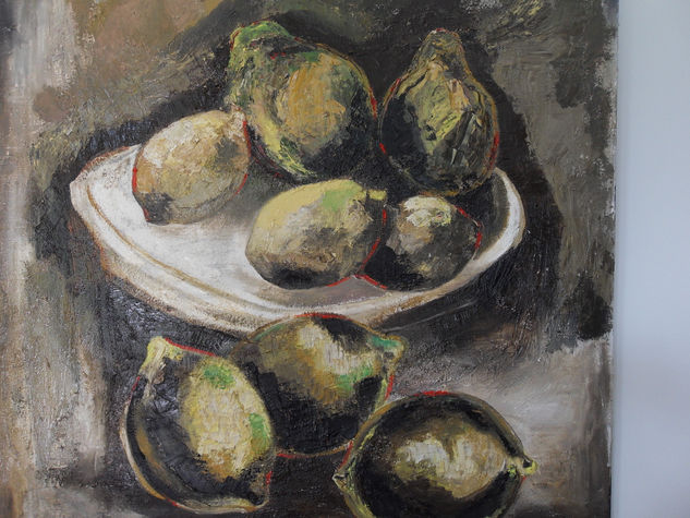 Limones en gris Oil Panel Still Life Paintings