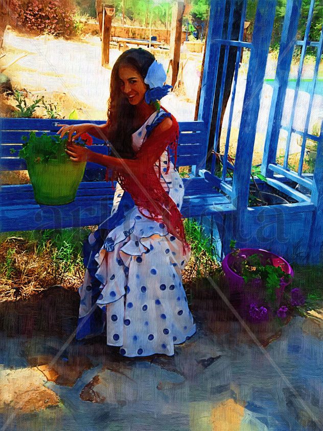 Sara en banco azul