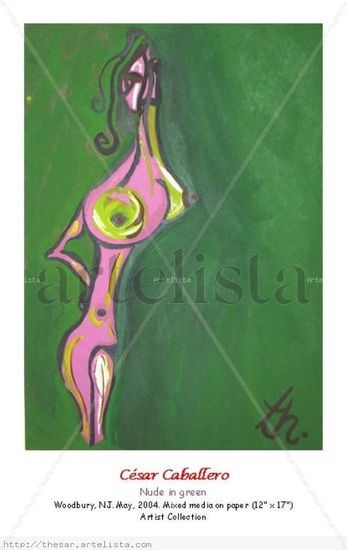 Nude in green Mixed media Paper Figure Painting