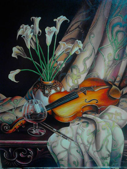 Violín con Florero Acrylic Textile Still Life Paintings