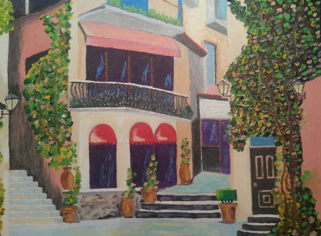 Restaurante en plaza. Acrylic Canvas Landscaping