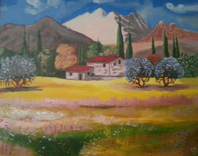 Casas con montañas. Acrylic Canvas Landscaping