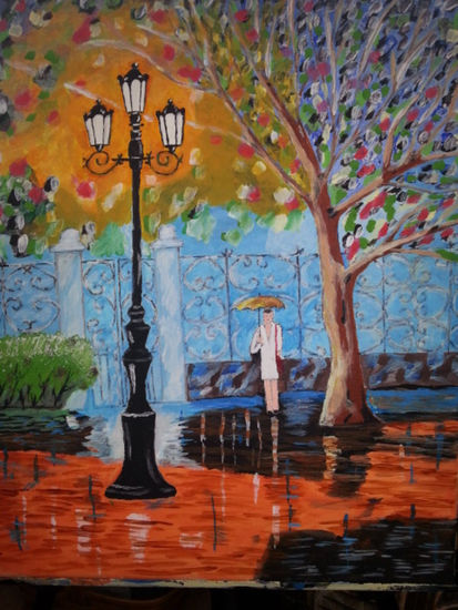 Farola y señora con paraguas. Acrylic Canvas Landscaping