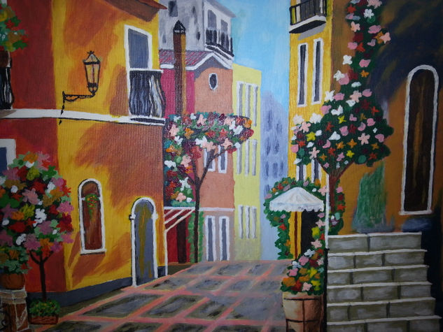 Calle con flores. Acrylic Canvas Landscaping