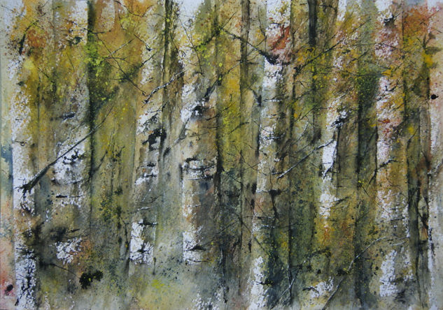 Bosque Abedules en Otoño IV Acuarela Papel Paisaje