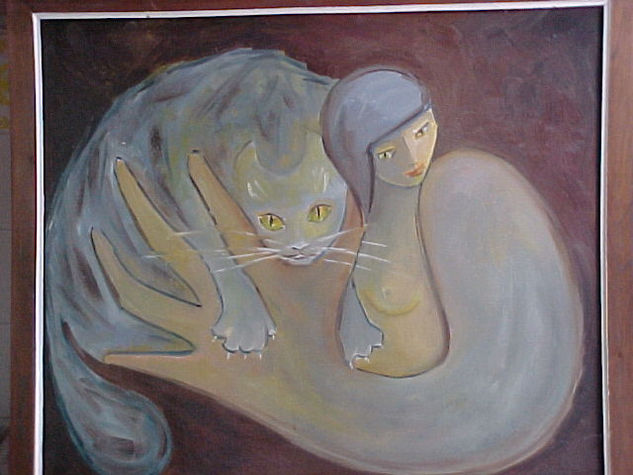 mujer con gato 1 Oil Panel Figure Painting