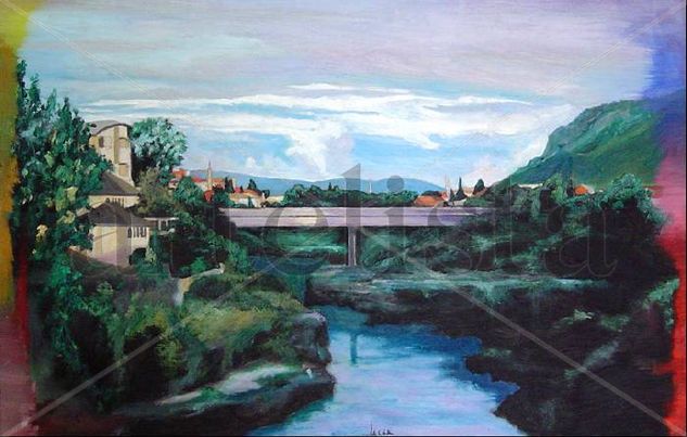 serie puentes de Mostar Óleo Tabla Paisaje