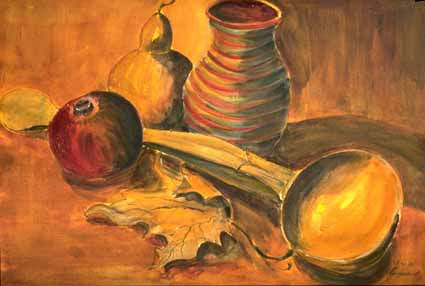 Wooden Scoop with Jug, Calabash and Pomegranate Acuarela Papel Bodegones