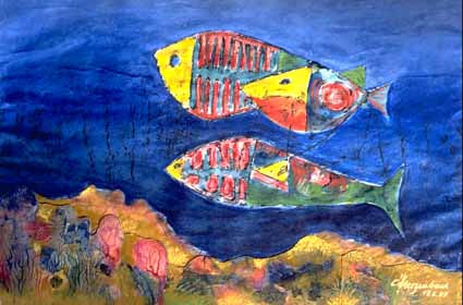 Three Fishes in Coral-Reef Mixed media Paper Animals