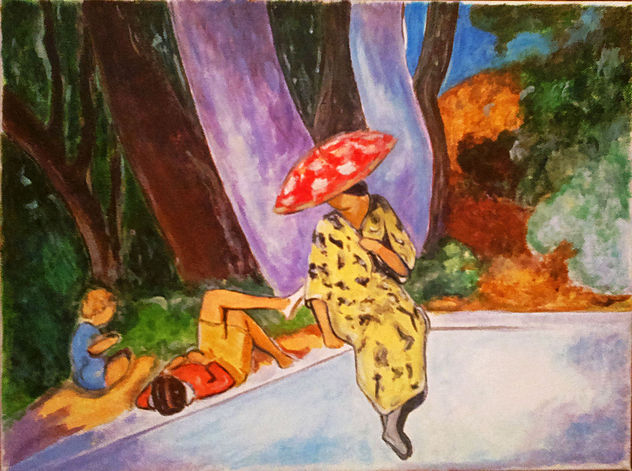 Mujer con sombrilla y niños