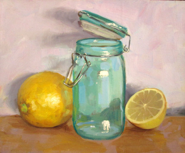 Bote de Cristal Azul y Limones Oil Panel Still Life Paintings