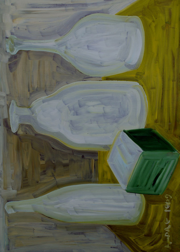 GLASS utensils. Oil on cardboard, 35-49, 1969