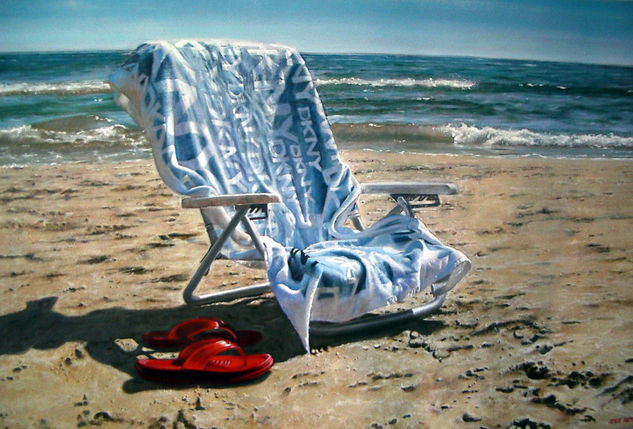 Silla en la Playa. Oil Panel Marine Painting