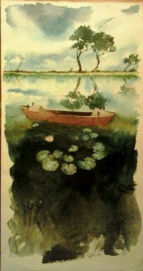 Barca en el pantano. / Dinghy in the swamp. Watercolour Paper Marine Painting