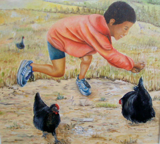 El niño ylas gallinas Oil Canvas Figure Painting