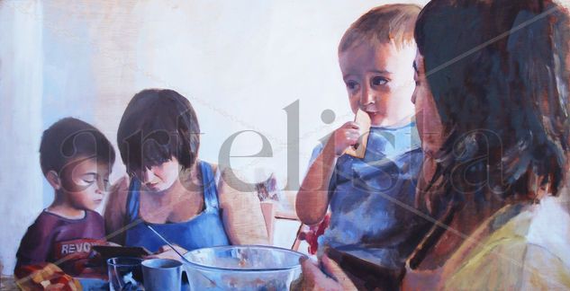 Familia Oil Panel Figure Painting