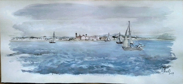 Sitges desde el mar. / Sitges from the sea (Spain) Watercolour Paper Marine Painting