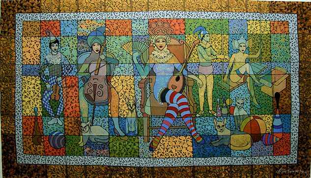 Reunión de invitados. 80 x 140 cm Acrylic Canvas Figure Painting