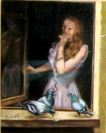 Chica asomada a la ventana Pastel Card Figure Painting