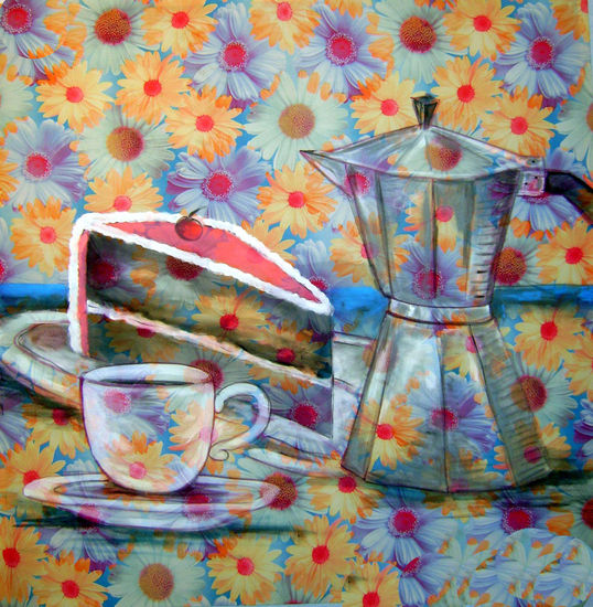 Rebanada de pastel y café Oil Textile Figure Painting