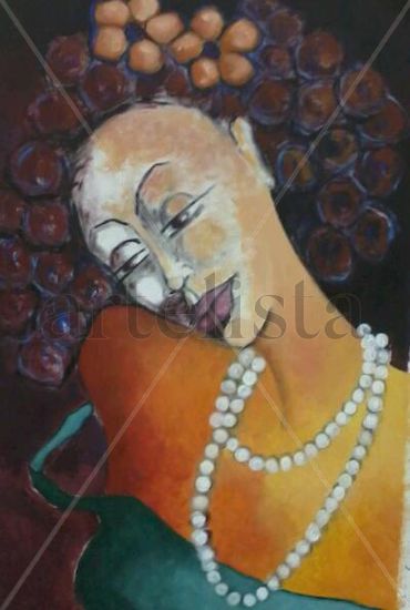 La Dama del Collar de Perlas Acrylic Canvas Figure Painting