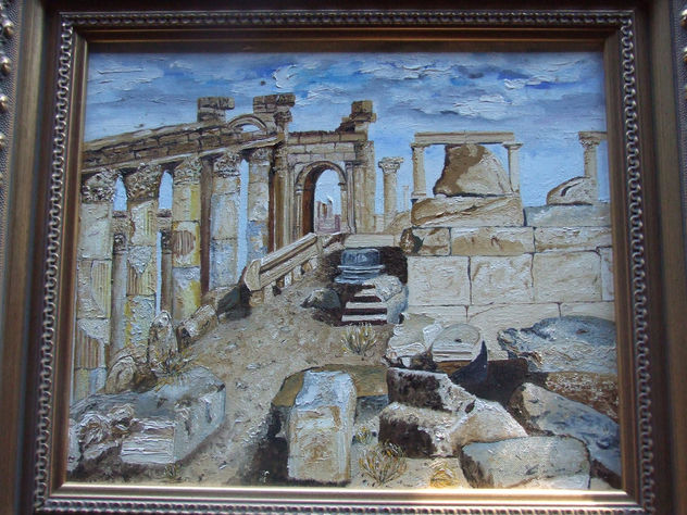 RUINAS GRIEGAS CON RELIEVE SOBRE LIENZO DE CUERO BLANCO IMPRESIONISTA