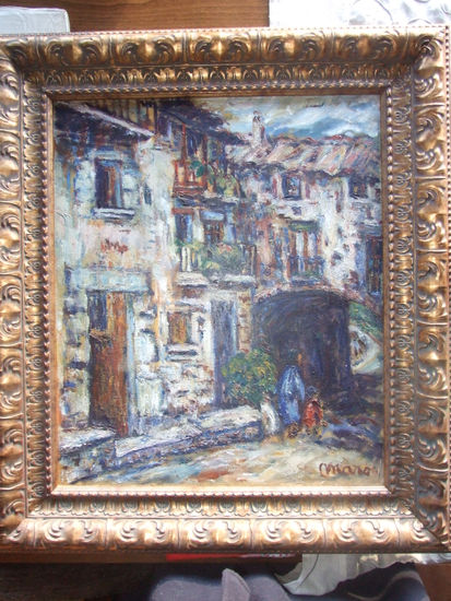 ABUELA Y NIÑA PASEANDO POR LA CIUDAD CON NIEVE FIRMA MARC Oil Canvas Landscaping