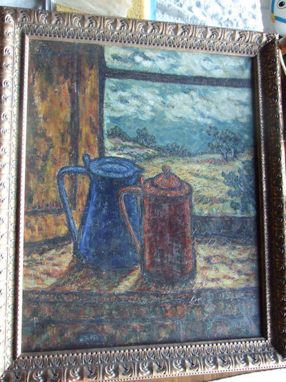 BODEGÓN DE COCINA CON JARRA DE LECHE Y CAFÉ EN LA VENTANA FIRMA MARC Oil Canvas Still Life Paintings