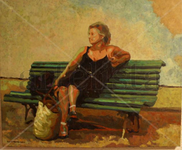 Adela en el banco. Oil Canvas Figure Painting