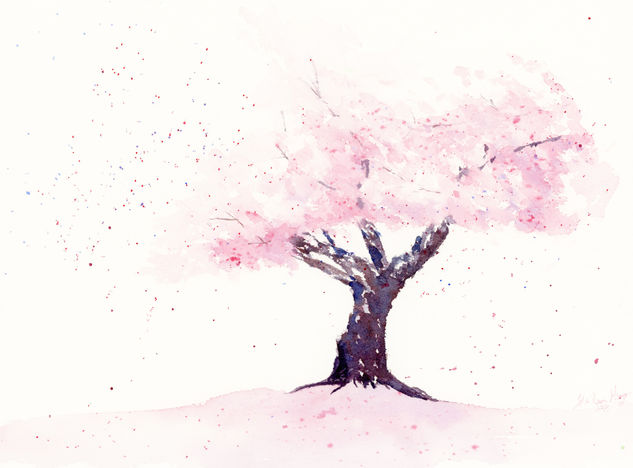 Spring in Pink , Cherry Blossom Acuarela Papel Paisaje