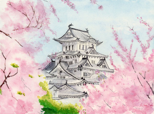 Himeji Castle, Cherry Blossom Acuarela Papel Paisaje