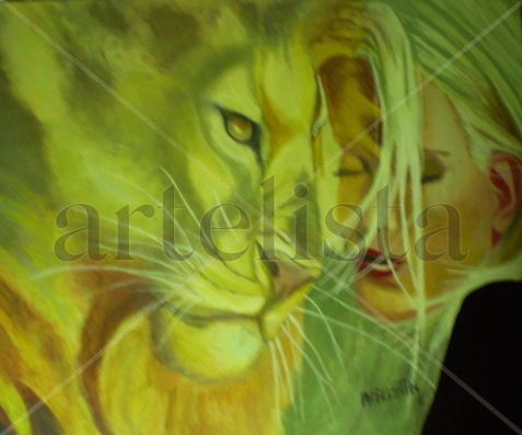 el leon y la dama Oil Panel Figure Painting