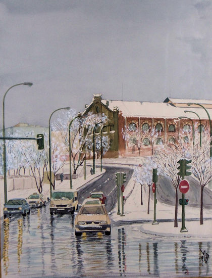 nieva en madrid Acuarela Papel Paisaje