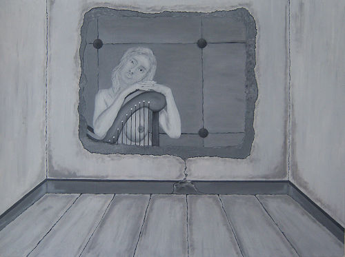 A woman with her instrument on white and black.