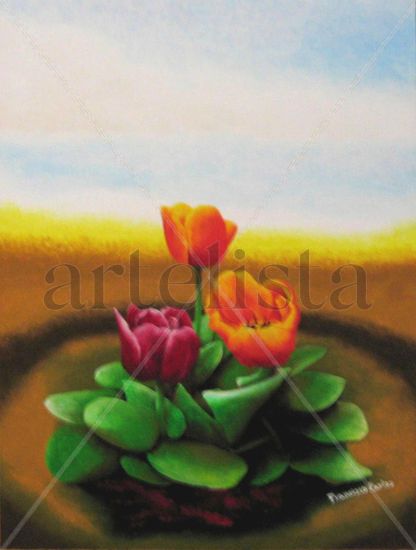 Día ( 3 tulipanes) Acrylic Panel Floral Painting