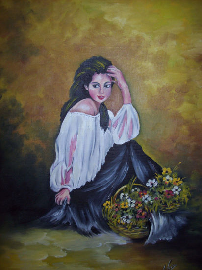 Retrato de jovencita con flores Óleo Tela Retrato