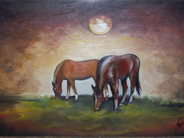 Paisaje serrano con caballos y luna