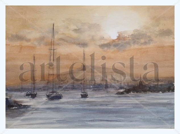 Atardecer en el puerto Watercolour Paper Marine Painting