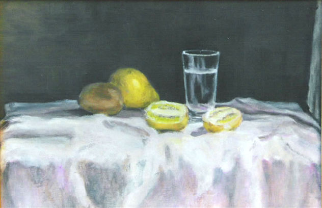 "Naturaleza muerta con vaso, pera y kiwis"